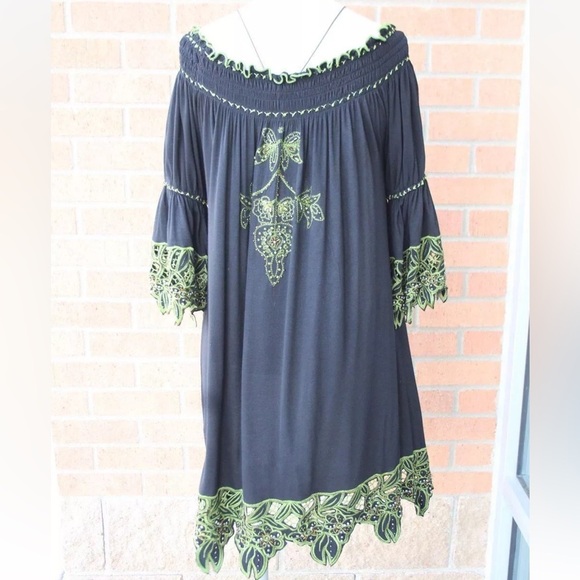 NWT URBAN MANGO Western Black Embroidered Off Shoulder Babydoll Dress Mini M - Picture 10 of 10